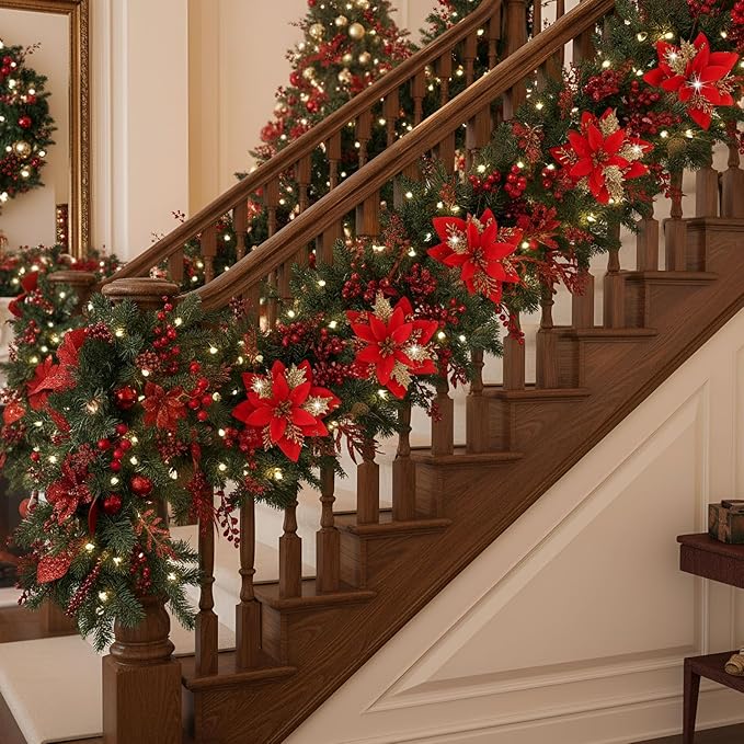 60 Pcs Christmas Glitter Branches 6 Styles Artificial Christmas Picks Berries Stems Poinsettia Flowers Pine Needles Floral Twig Spray for Xmas Tree Ornaments DIY Wreath Garland(Red)