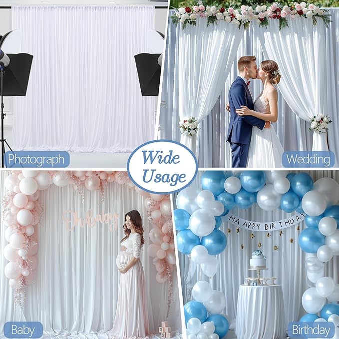 30x10ft Wrinkle Free White Backdrop Curtain for Parties Soft Fabric Drapes Wedding White Curtain Backdrop for Birthday Party Decorations Background for Photography 5x10ft, 6 Panels