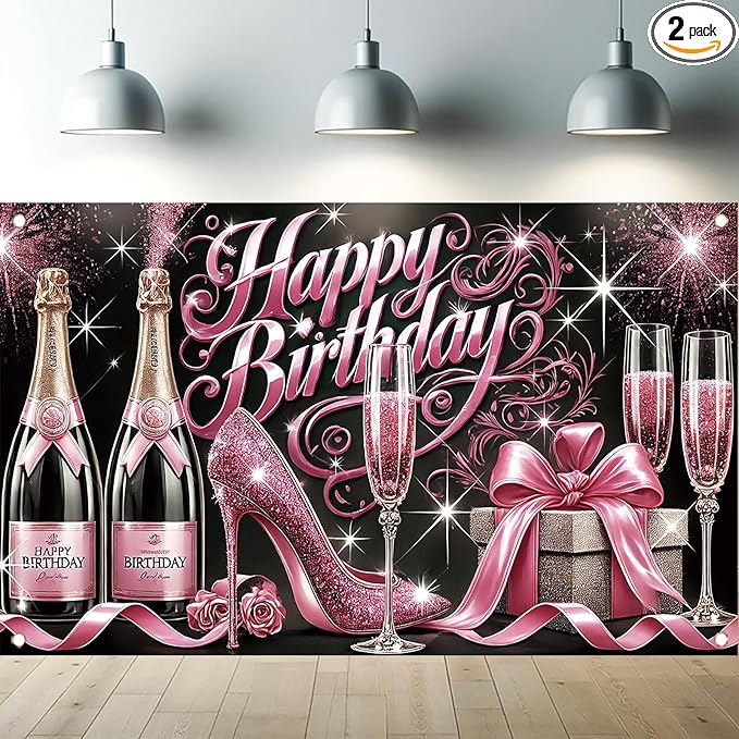 Happy Birthday Backdrop Banner Glitter High Heels Wine Glass Photography Background Poster for Women Girls Birthday Party Decorations Supplies 71 x 43 Inch