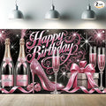 Happy Birthday Backdrop Banner Glitter High Heels Wine Glass Photography Background Poster for Women Girls Birthday Party Decorations Supplies 71 x 43 Inch