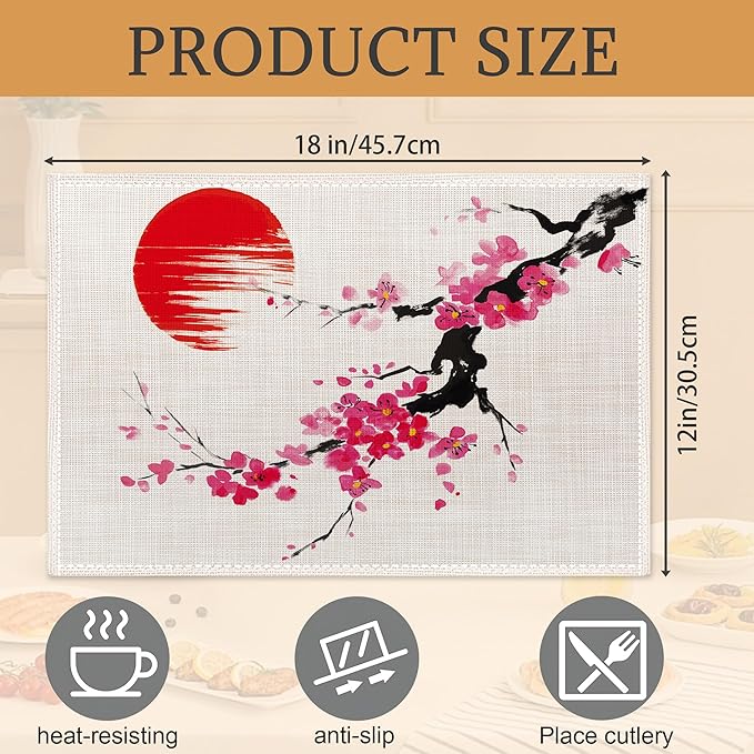 Japanese Cherry Blossom Placemats Set of 6, Linen Table Mats, Woven Table Mats for Dining Room, Washable & Wrinkle Resistant, Farmhouse Kitchen Decor