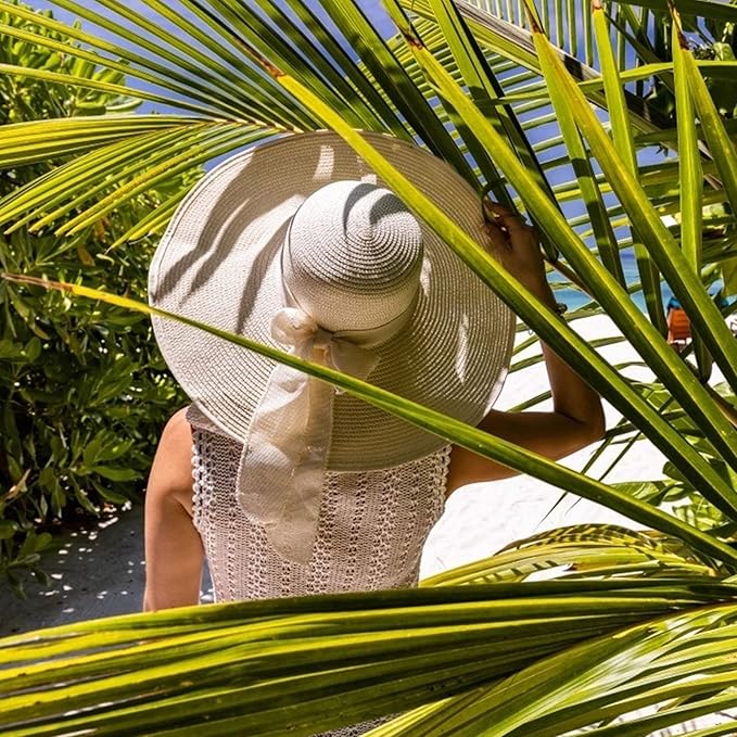 DRESHOW Beach Hats for Women Big Straw Wide Brim Summer Hat Floppy Foldable Roll up Cap Sun Hat UPF 50+