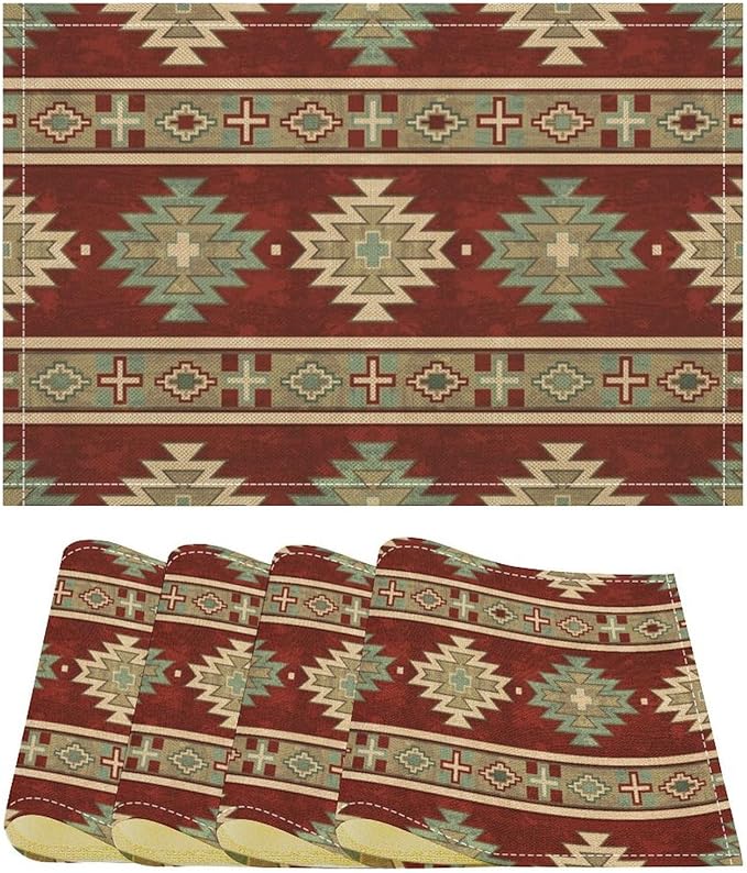 Retro Aztec Placemats Set of 4 Western Native American Tribal Art Printed Dining Table Mats for Restaurant Home Kitchen Holiday Decor 12x18in