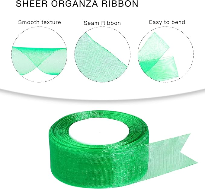 1.5 inch Sheer Organza Ribbon Green Chiffon Ribbon for Gift Wrapping Christmas Halloween Decoration Wedding Flower Bouquet Crafts 50 Yards