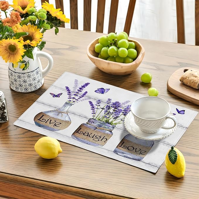 Lavender Flower Placemats Set of 6 Farmhouse Purple Floral Table Mats Washable Place mats for Home Party Indoor Kitchen Dining Table Decoration 12x18 Inch
