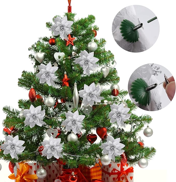 RECUTMS 10 Pieces Christmas Glitter Artificial Poinsettia Flowers Artificial Wedding Flowers Decorations Xmas Tree Ornaments 6-inch Decor Wreath Garland Holiday(Silver)