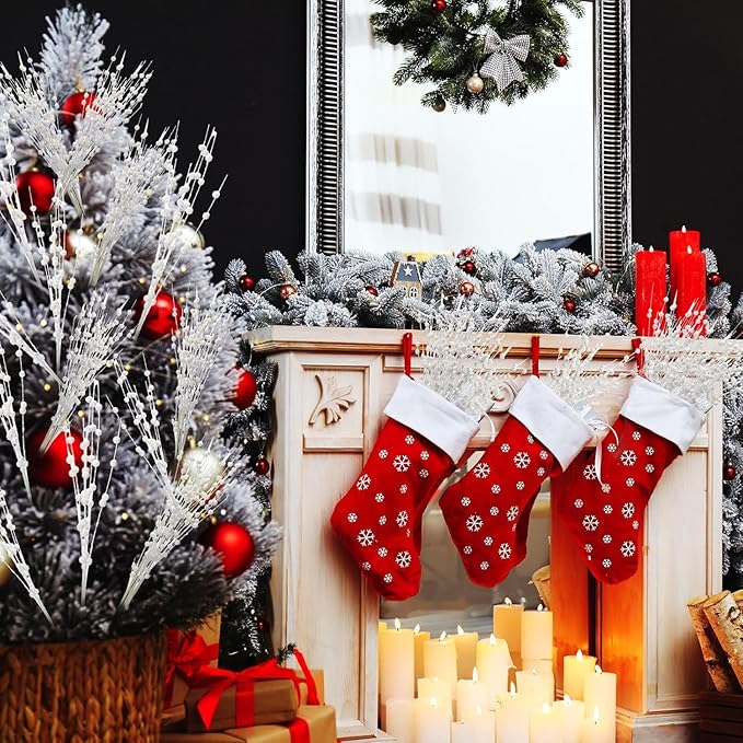 Christmas Artificial Glitter Holly Berry Stem,12Pcs Fake Christmas White Berries Branches Twigs 16 in Holly Berries Stem Picks for Christmas Tree Floral Arrangements Vase Home Decor