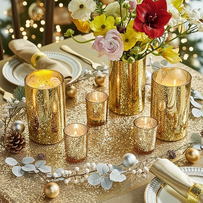 Gold Candle Holder Hurricane Candle Cylinder Vases for Centerpieces Set of 6 for Wedding Table Centerpiece