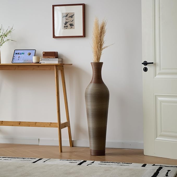 Large Hand-Woven Bamboo Floor Vase, Tall Home Decor Floor Vase for Fake Flower Dried, Flower Holder for Living Room, Bedroom, Dining Room, Entryway, Hallway