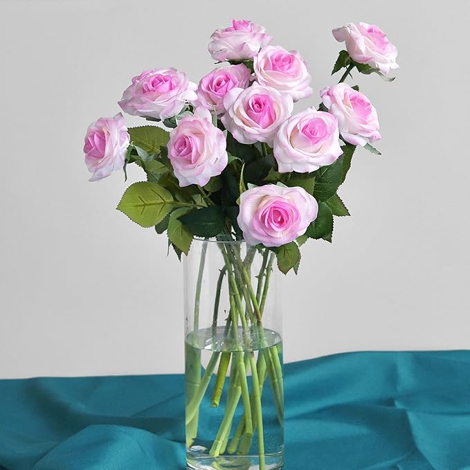 FiveSeasonStuff Fake Roses Wedding Flowers Real Touch Silk White & Purple Artificial Flowers 12 Stems