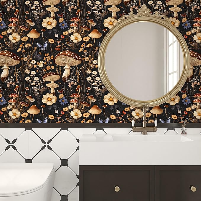 Peel and Stick Wallpaper Mushroom Wallpaper Vintage Floral Contact Paper Leaf Wall Paper for Shelf Liner Backsplash Living Room Renter Friendly Removable 17.5 x 118In