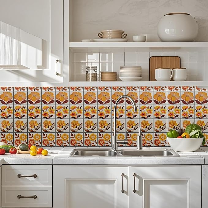CHGCRAFT 36 Pcs 4 Style Wall Stickers Orange Flowers Peel and Stick Wall Tile Sticker Art Flowers Waterproof Self Adhesive Stick on Tile Decals for Kitchen Bathroom Art Decor, 4×4 Inch