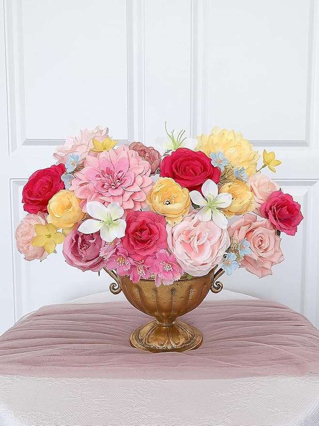 Roses Artificial Flowers Pink Yellow Fake Flower Bulk for Easter Spring Wreath DIY Wedding Bouquet Bridal Baby Shower Party Table Centerpiece Home Decorations Silk Floral Arrangements Fuchsia
