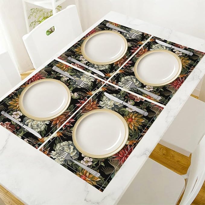 Vintage Floral Placemats Set of 4, 17x12 Inch Colorful Flowers Birds Green Leaves Black Retro Aesthetic Art Print Table Mats for Home Party Kitchen Dining Decor