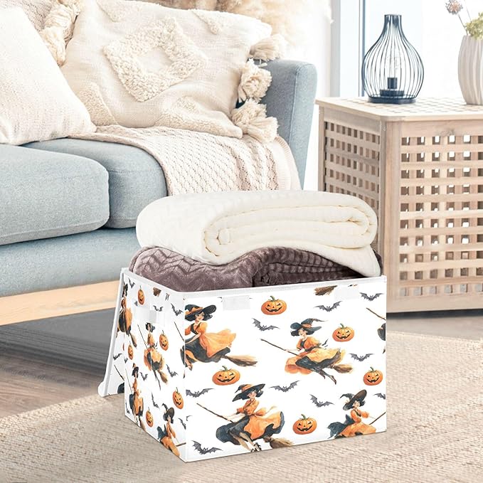 Halloween Baskets Collapsible Storage Bins with Lids, Witch Pumpkin Bat Pattern Storage Boxes Clothes Baskets for Organizing