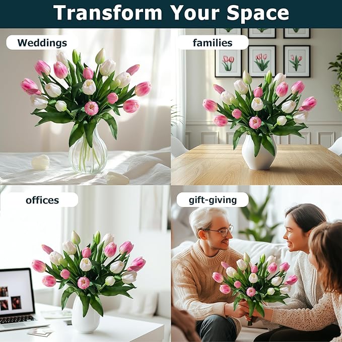 20PCS Fake Tulips Artificial Tulip Silk Flowers Fake PU Bouquet Artificial Flowers Faux Flowers with Gift Box Soft Faux Tulips Bouquets Arrangements for Party Wedding Home