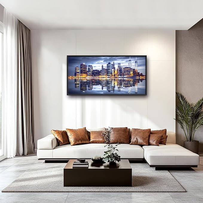 New York City Large Wall Art Framed Wall Decor for Living Room, Manhattan Skyline at Night Pictures Oversized Canvas Print Painting Modern Extra Large Framed Artwork for Bedroom Office 60"x30"