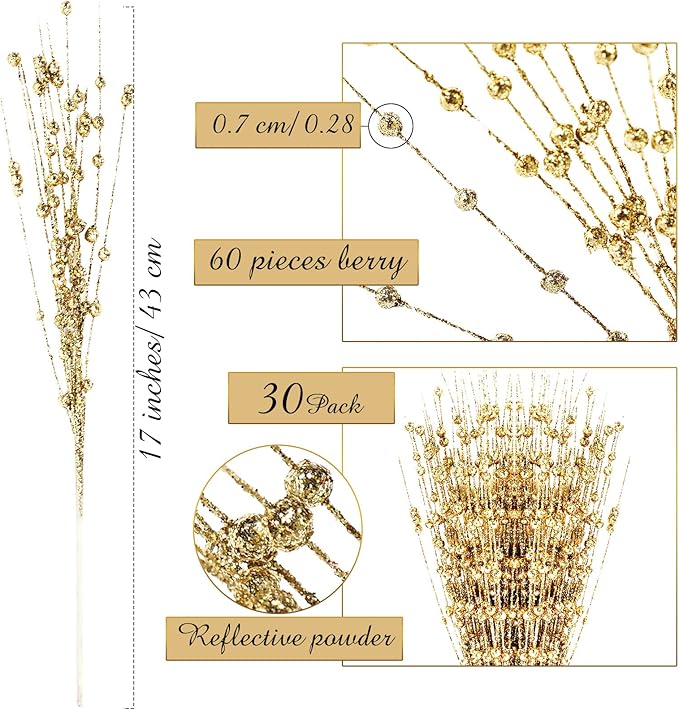 Geosar 30 Pcs Christmas Artificial Glitter Berry Stem Decorations 17 Inch Faux Stick Floral Pick Centerpiece Bouquet Flower Bead Twigs for Centerpiece Tree Wreath Xmas Ornaments Home(Gold)