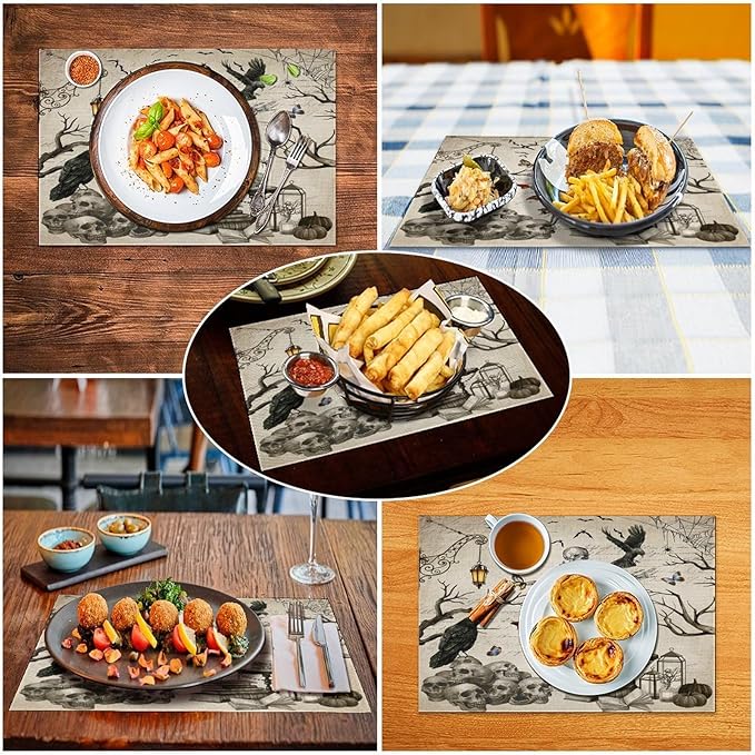Halloween Skeleton Placemats Vintage Country Gothic Dark Raven Misty Spiderweb Placemats Table Kitchen Dining Party 12x18 Inch Set of 6