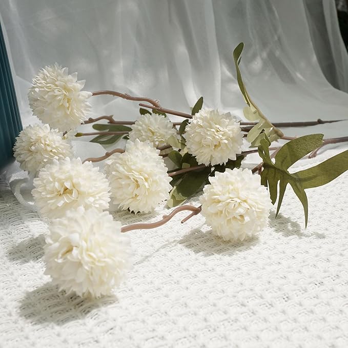 Faux Kiku Flower - White 12 Stems Faux Silk Mini Chrysanth with Stems Bulk Pompon Mum Artificial White Flower Ball for Floral Arrangements Silk Flowers for Home Decor Indoor