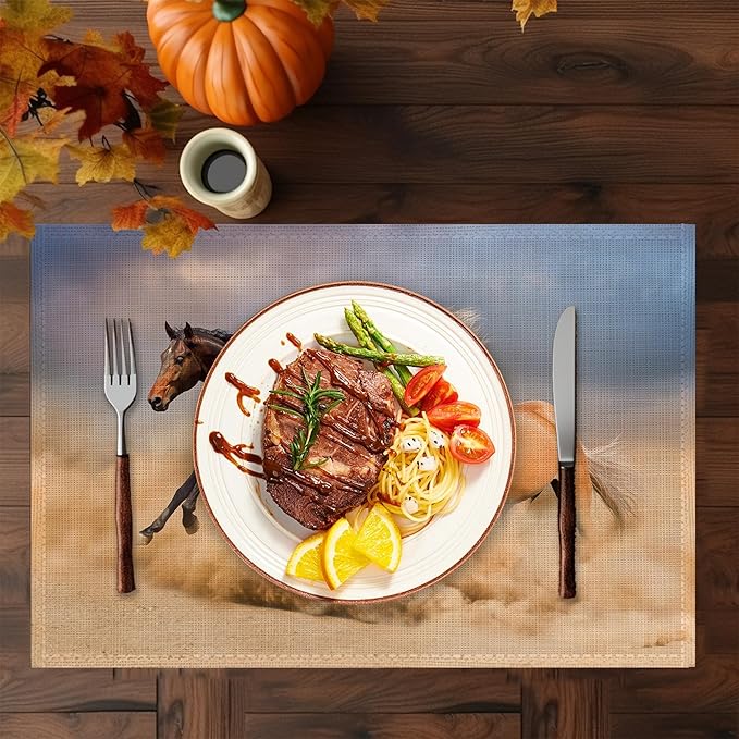 Running Horse Placemats Set of 6,Washable Heat Resistant 12×18 Inch Linen Table Mats Desert Place Mats for Party Outdoor Dining Décor