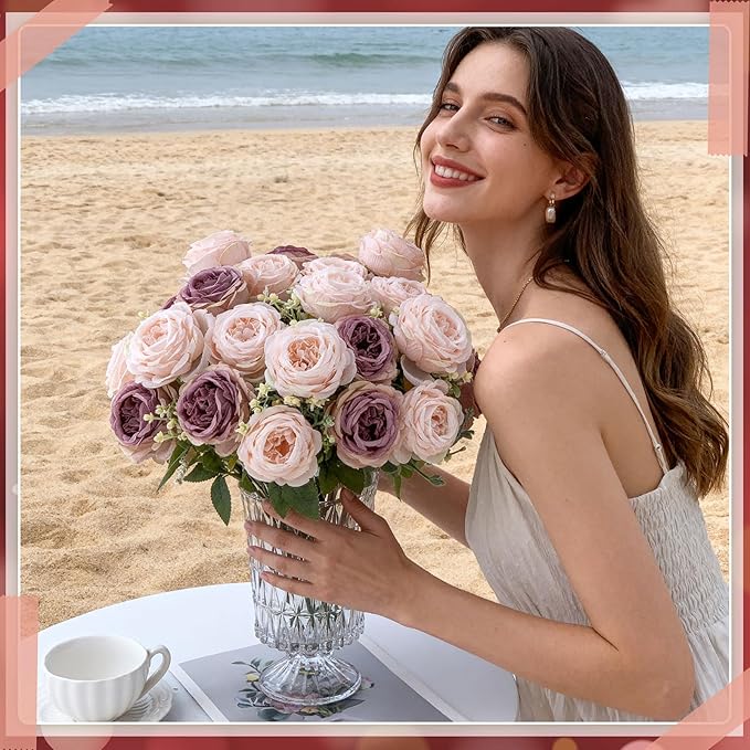 Geosar 24 Bundles Artificial Peonies Flowers Fake Silk Peony Bouquet Faux Peonies Flowers Bulk for Decoration Vase Floral Arrangements Wedding Party Table (Dusty Rose)