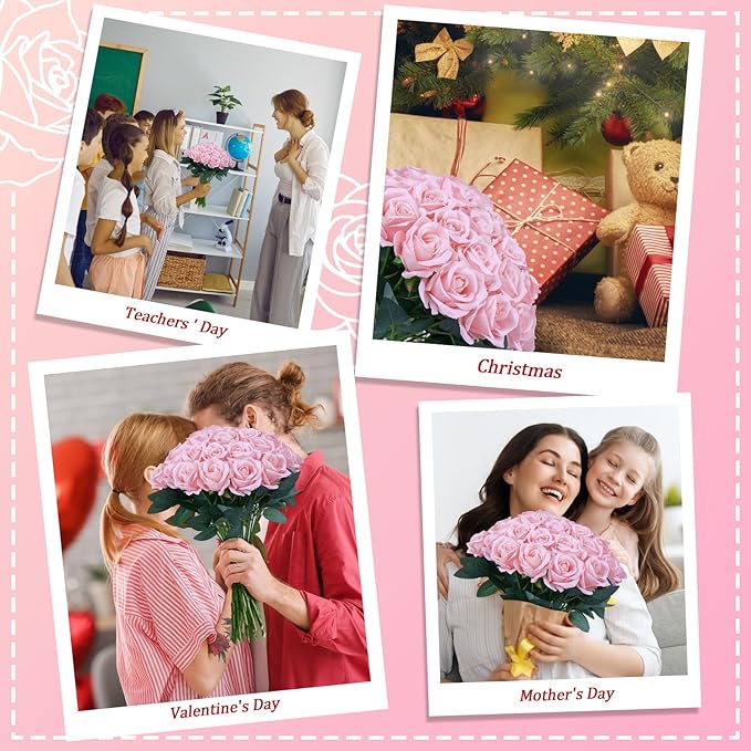 30pcs Fake Roses Artificial Silk Flowers Long Stems Bouquet for Wedding Bridal Shower Party Home Decoration (Pink)
