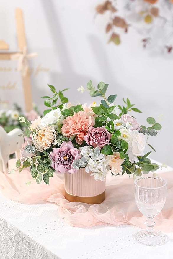 YYHUAWU Artificial Flowers Combo Set Fake Flower Leaf Box with Stems for DIY Wedding Bouquets Centerpieces Flower Arrangements Decorations Baby Shower Party Home Decorations White Pink