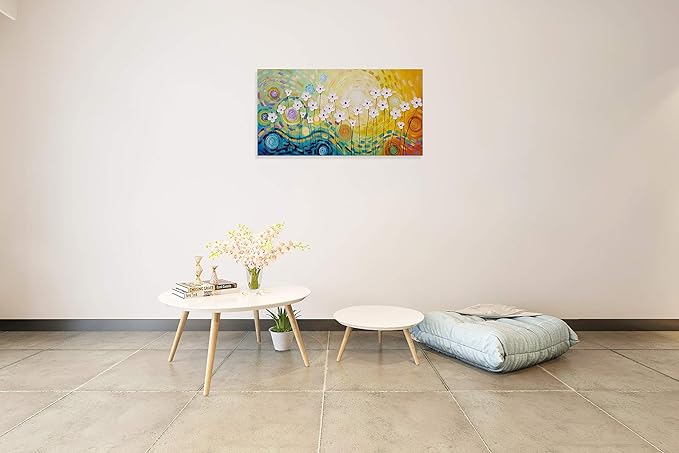 Yihui Arts Hand Painted Textured Floral Oil Painting on Canvas, Vibrant Abstract White Flower Wall Art with Colorful Swirls, Modern Home Decor for Living Room Bedroom
