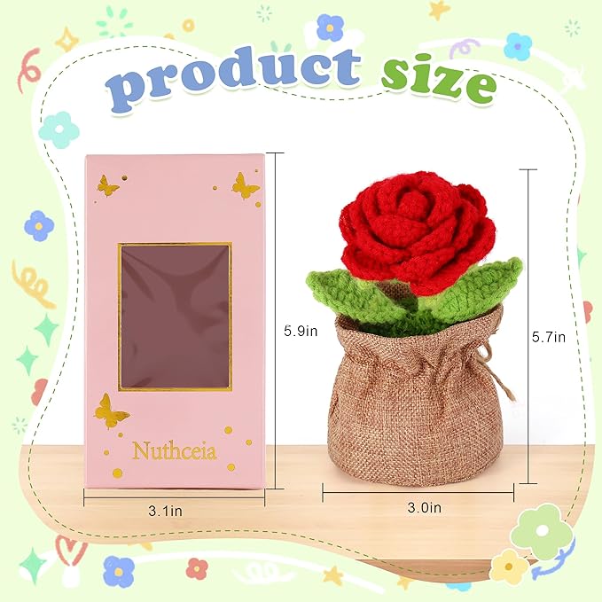 Crochet Flower Plant, Empathetic Flower Gift for Women & Men, Perfect for Birthday, Christmas, Mother's Day, Desk Decor, Birthday Decorations, Kids Party Decoration. Pink Gradient Rose