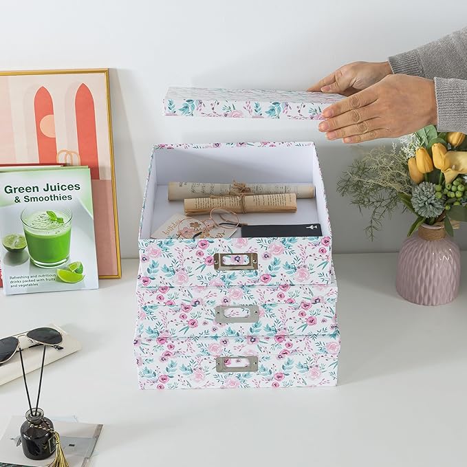 Soul & Lane Floral Decorative Storage Boxes With Lids, Set of 3 Pretty Nesting Cardboard Letter Storage Boxes for Photos, Documents, Scrapbooks, Keepsakes, Memories