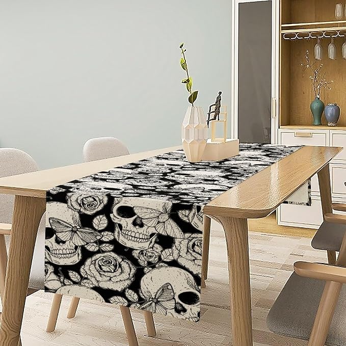 Gothic Table Runner,Black White Skeleton Flower Moth Print Table Runner for Home Kitchen Table Dining Garden Farmhouse Wedding Party Decor 13x108 Inch