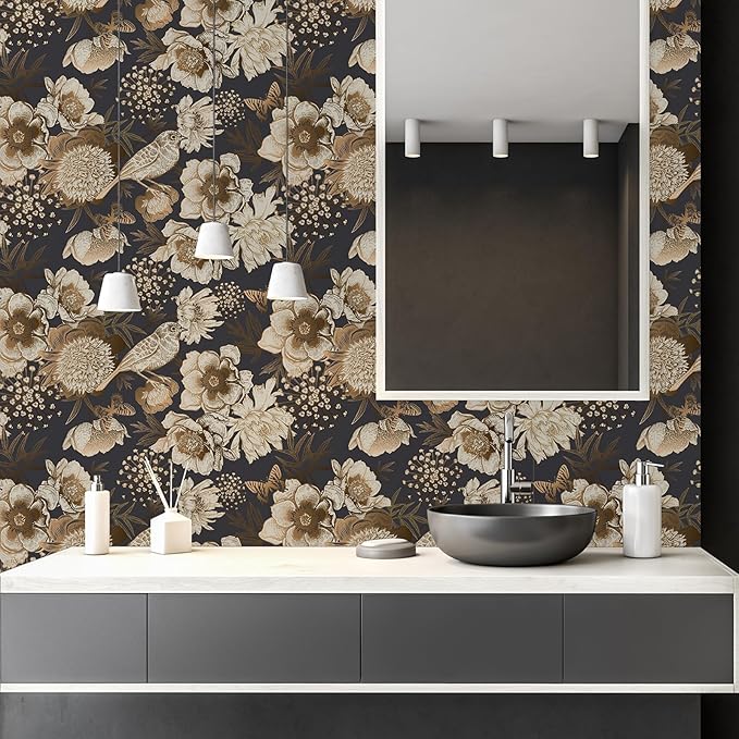 Floral & Birds Peel and Stick Wallpaper Antique Gold Dark Self Adhesive Removable Floral Wallpaper for Bedroom Renter Friendly Floral Contact Paper for Bedroom Bathroom Walls Shelf Liner 17.7"x118.1"
