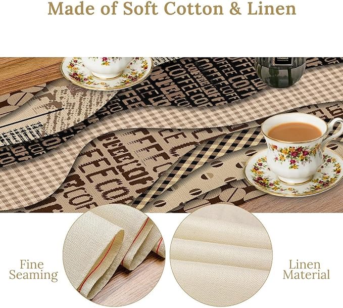 Coffee Theme Table Runner Abstract Geometric Modern Coffee Beans Dinner Runner Table Decoration for Farmhouse Cabin Home Kitchen Dining Holiday Party 13x120in
