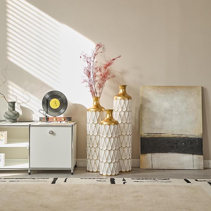 Floor Oversized Gold Metal Decorative Vase with 3D Triangle Pattern Set of 3 Large Vases for Home Living Room 33.5 ", 29.5 ", 25.2" High (Gold+Antique White)