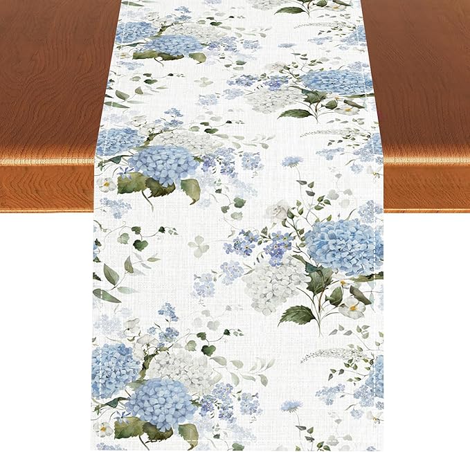 Blue Floral Table Runner, Spring Summer Watercolor Hydrangea Flower Butterfly Country Farmhouse Coffee Table Center Decor for Home Kitchen Dining Patio Holiday Party Table Decorations 13x72 inches