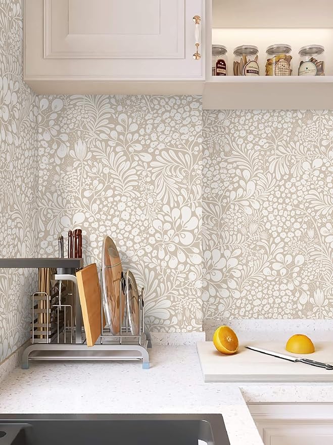 Heroad Peel and Stick Wallpaper Boho Beige Contact Paper 17.3''x393'' Floral Wall Paper Removable Self Adhesive Wallpaper for Cabinet Bedroom Living Room Entryway Walls Bathroom Waterproof Vinyl Roll