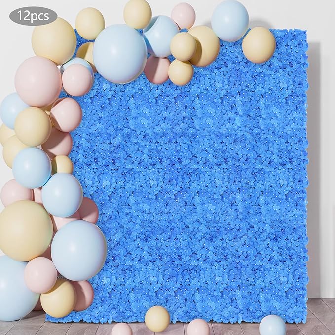 12Pcs Artificial Flower Wall Panel, 3D 15" X 15" Silk Rose Mat Artificial Flower Walls,Decorative Backdrop Flower Panels Wall for Wedding Party Stage Baby Shower Decor (Blue)