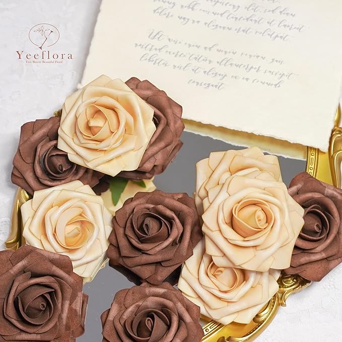 Artificial Flowers, 25pcs Artificial Rose for DIY Wedding Bouquets Centerpieces Arrangements, Brown Foam Roses with Stem for Bridal Shower Party Home Decorations