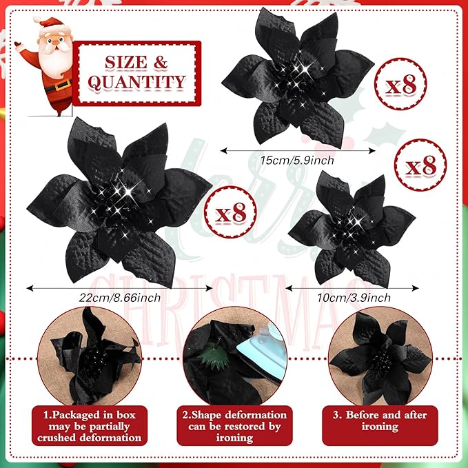 WILLBOND 24 Pcs 3 Size Poinsettia Flower Artificial Christmas Decor Glitter Poinsettia Christmas Ornaments Faux Flowers for Xmas Tree Outdoor(4/6/7.9 Inches,Black)