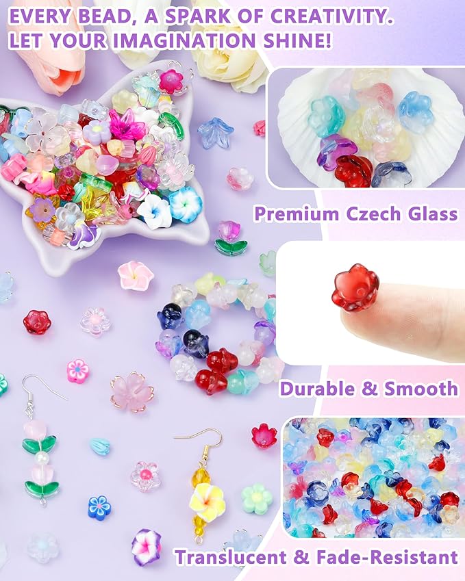 FIVEIZERO 200PCS Glass Lily Bell Flower Beads, 11 Colors Trumpet Crystal Floral Bead Charms for Bracelets, Necklaces & DIY Jewelry Making