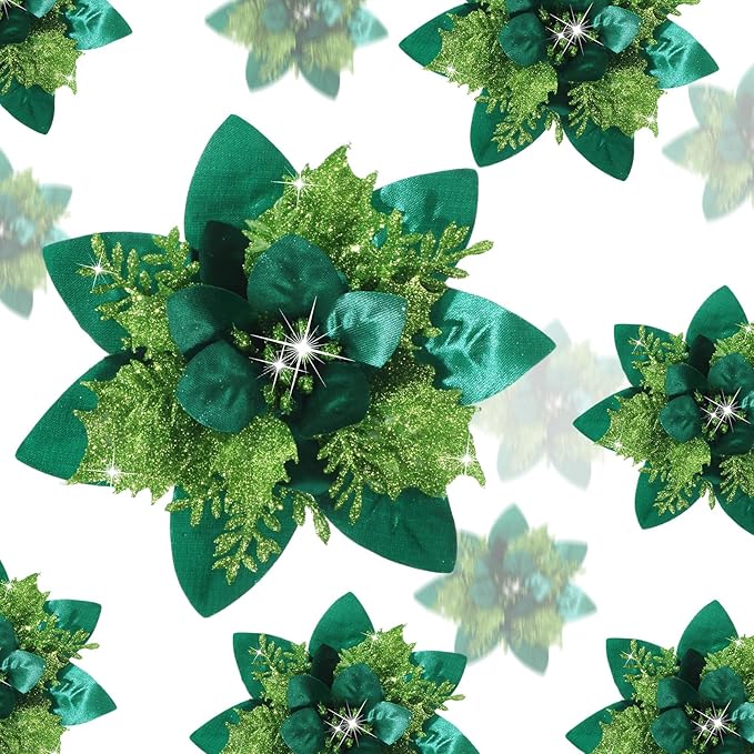 Geosar 36 Pcs Christmas Glitter Artificial Poinsettia Flowers Xmas Poinsettia Artificial Wedding Flowers Decorations Xmas Tree Ornaments with Clips for Party, 6 Inch, 4 Inch, 3 Inch(Grass Green)