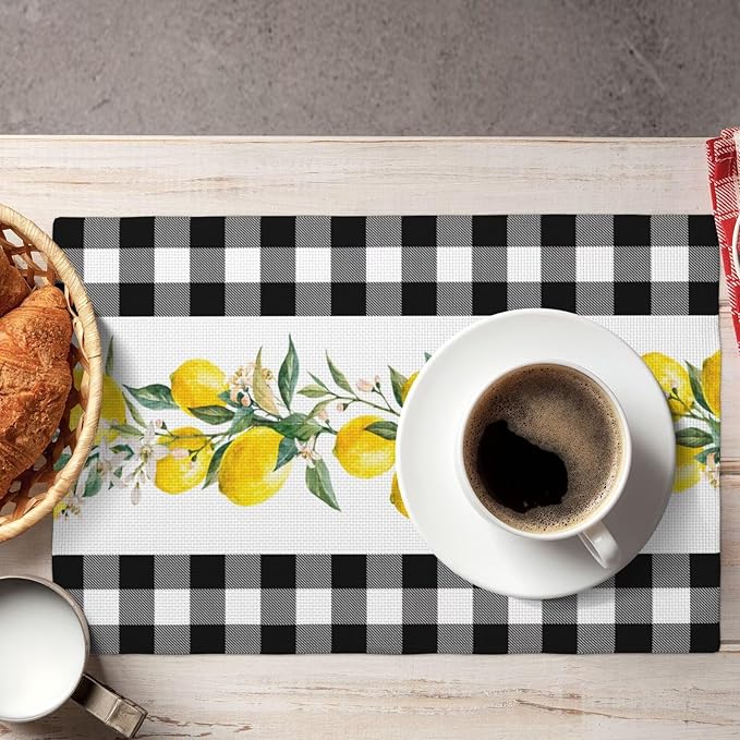 Lemon Linen Placemats Set of 4 Black White Buffalo Plaid Placemats for Indoor Outdoor Party Home Desktop Kitchen Dining Room Decor 12x18 Inch