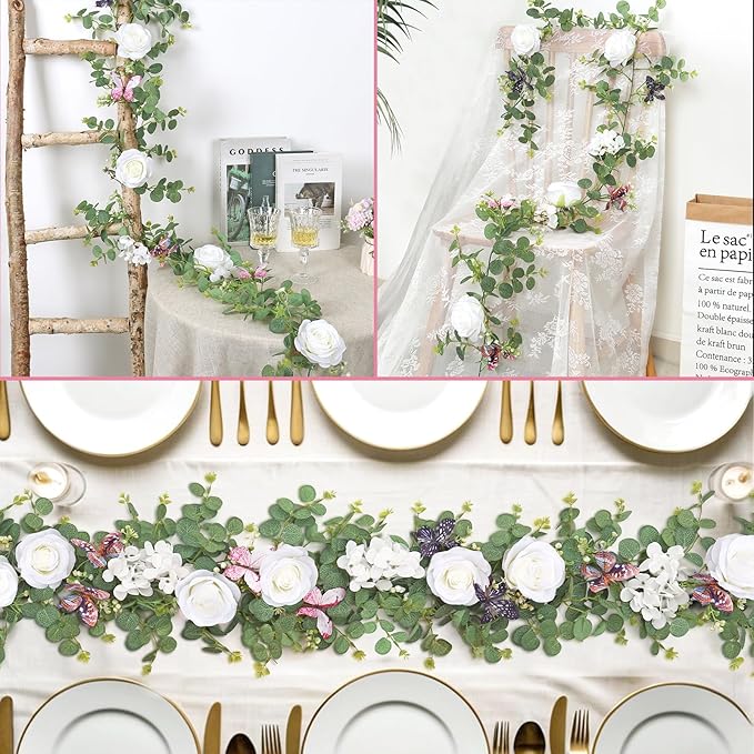 2Pcs 5.9 Ft Artificial Rose Vine Fake Flower Garland White Rose Hydrangea Vines with 3D Butterflies Hanging Floral Eucalyptus Garland for Wedding Party Background Arch Table Wall Home Decor