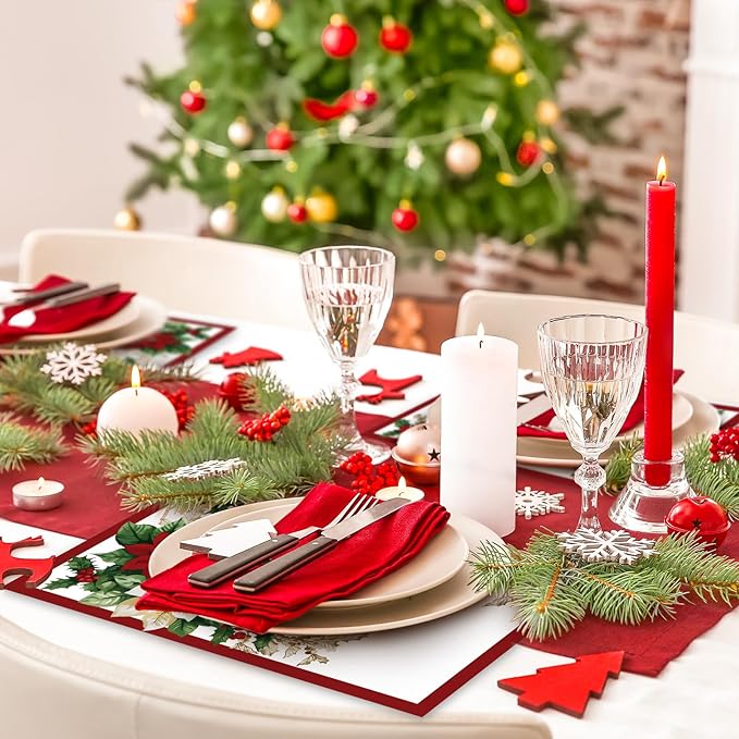 50 Pack Christmas Paper Placemats Poinsettia Disposable Place Mats Red Green Christmas Flower Decorative Paper Table Mats for Xmas Holiday Home Kitchen Table Top Decor