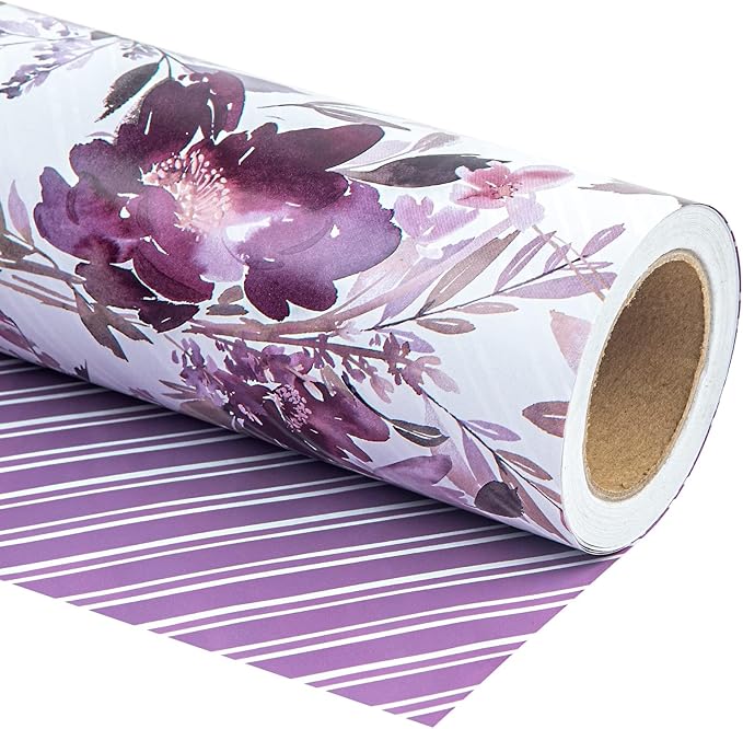 WRAPAHOLIC 30 Inch Jumbo Reversible Floral Wrapping Paper - 30 Inch x 100 Feet Purple Floral Design for Wedding, Birthday, Mothers Day, Baby Shower, Anniversary