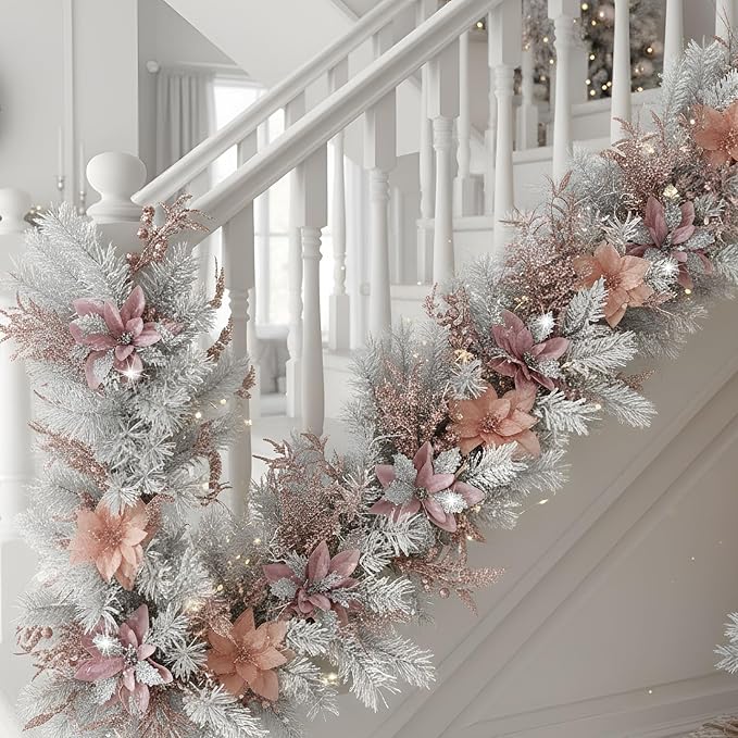 60 Pcs Christmas Glitter Branches 6 Styles Artificial Christmas Picks Berries Stems Poinsettia Flowers Pine Needles Floral Twig Spray for Xmas Tree Ornaments DIY Wreath Garland(Rose Gold)