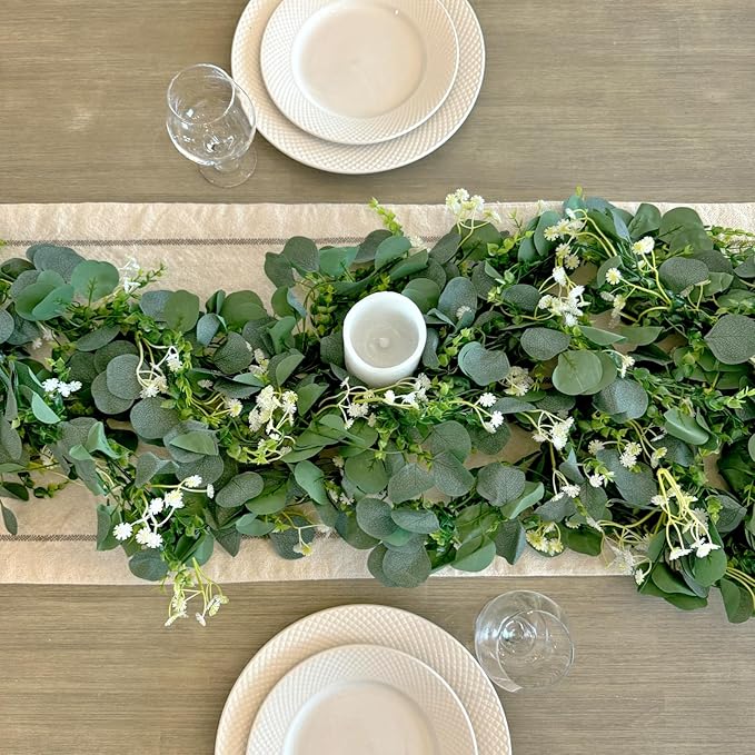 CQURE 8 Pack 5.9Ft Eucalyptus Garland,Artificial Eucalyptus Flowers Leaves Table Greenery Garland Wreath Vines for Wedding Party Table Bedroom Wall Decor