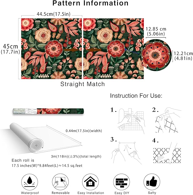 HAOKHOME Peel and Stick Wallpaper Boho Vintage Dark Floral Wall Paper Cottagecore for Bedroom Bathroom Accent Wall Green/Red/Cream 17.3in x 9.8ft