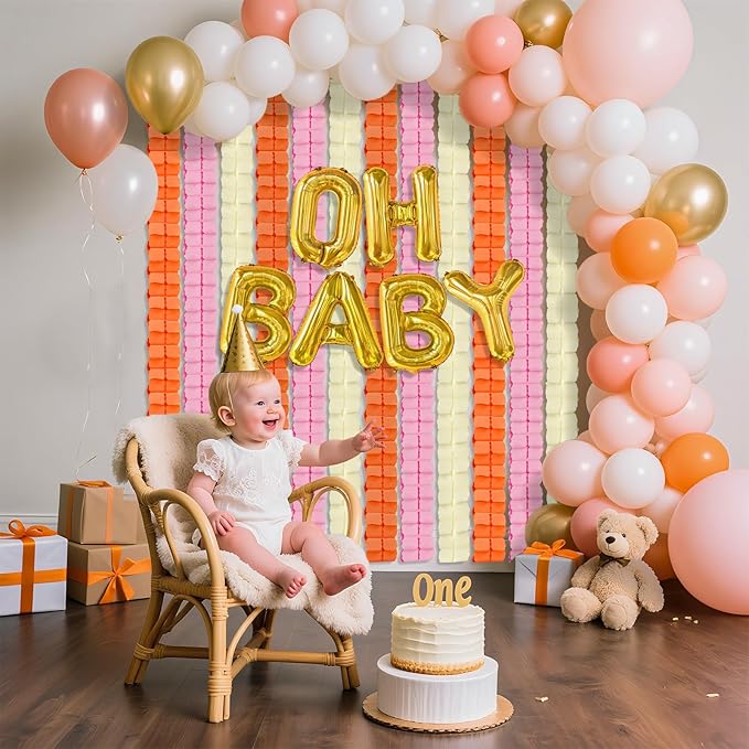 12Pcs Pink and Orange Fall Party Decorations, Hanging Paper Streamers Garland for Office Home Indoor Girls Women Birthday Sunset Thanksgiving Friendsgiving Bridal Wedding Baby Shower Backdrop Decor